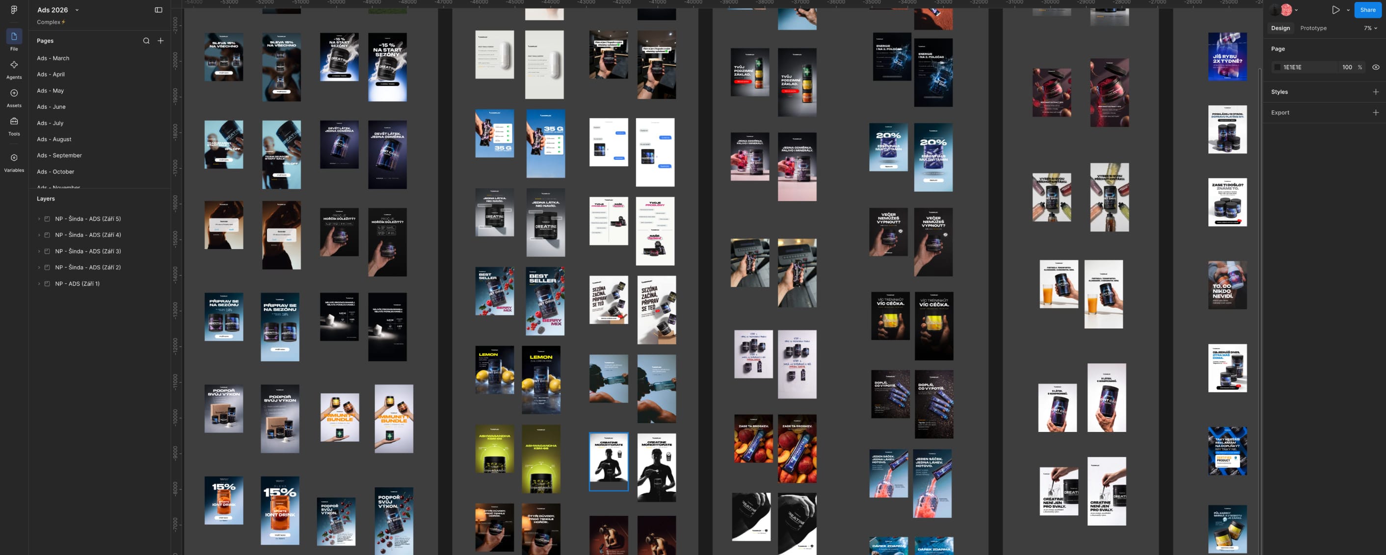 Complex ad creatives laid out side by side in Figma